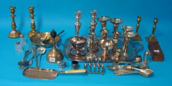 Various metal wares including pair of silver candlesticks, small silver vases, silver plated wares,