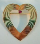 Tiffany & Co yellow metal and ruby set heart brooch with original box (purchased in New York 1959)