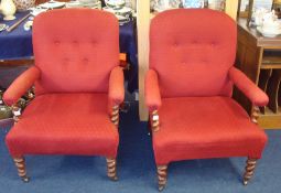 Pair of Victorian upholstered elbow chairs with barley twist supports and legs