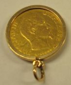 A ten franc gold coin 1860 in 9ct gold mount