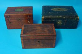 19th century mahogany and cross banded tea caddy, mahogany box and leather bound jewell box