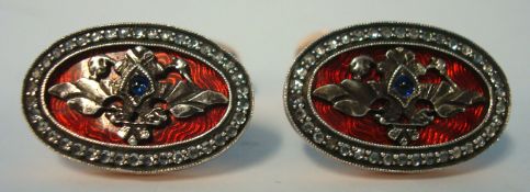 A pair of gold Russian diamond and enamel cufflinks