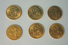 Six gold sovereigns dated 1911, 1913, 19165, 1967, 1968 and 1974 in red fitted case.