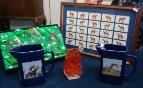 Two Martell racing jugs, cigarette cards and glasses
