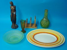 An Art Deco style plaster figure of a Lady, three graduated platters, 19th glass and gilt cut vase