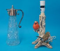 A Goebel robin table lamp, 31cm and modern glass claret jug