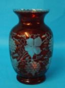 A ruby and etched  glass vase decorated with flower and grape design