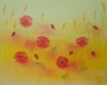 SUE WILLS 2003 oil on canvas `Poppies` in wide gilt frame, 50cm x 60cm