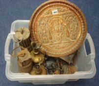 Various items, brass objects, Miners lamps, blow lamps, lion door knocker etc (2 boxes)