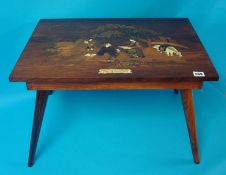 Middle Eastern hardwood table inlaid with verse and landscape scene, 44cm x 60cm t/w similar