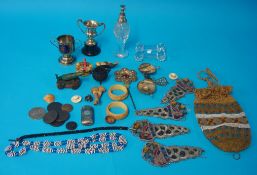 Various items, coins, evening bag, vest, atomiser, bangles, table salts etc..