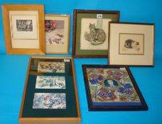 Six various prints mainly cats also 1937 Coronation handkerchief