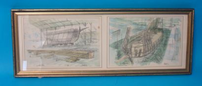 Brixham and Mayflower II, a collection of pencil and watercolour sketches by G. Clarke depicting