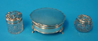 Silver ring box and two small silver topped glass jars (3)