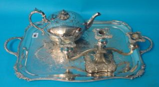 A Viners of Sheffield plated rectangular tray 44cm x 35cm, silver plated tea pot and a three