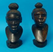 Pair of African tribal wooden heads, 30cm