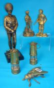 Sculpture of a Beefeater signed Wade, 34cm and various brass figures and objects