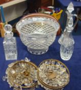 A large glass punch bowl, three glass decanters and two glass chandeliers (5)