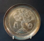 Arts and Crafts small circular coaster, Keswick Chester hallmark decorated with stylised fish and