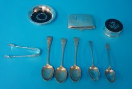 Various silver items including silver box and dish, cigarette case, teaspoons and tongs
