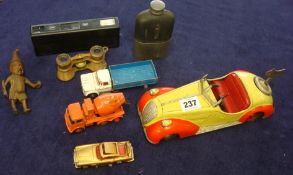 Tin plate and clock work car, diecast models and other objects