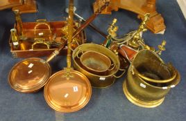 A collection of various brass and copper wares to include warming pans, coal skuttle, light fitting,