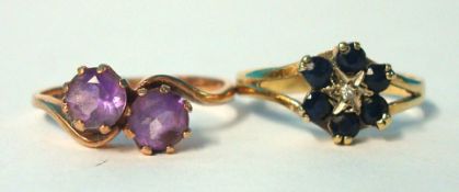 Two yellow metal dress rings set with amethyst, sapphire and diamonds, sizes J & I