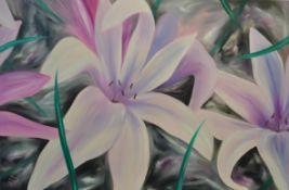 SUE WILLS oil on canvas `Purple Lilies`, 91cm x 135cm, Provenance; direct from the artist`s studio