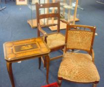 Victorian nursing chair, ornate inlaid side table and elbow chair with rush seat