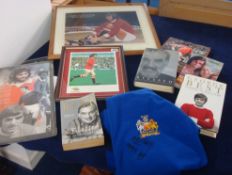 GEORGE BEST signed framed photograph, various books, a George Best football shirt with signature,