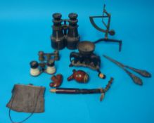 Various objects including binoculars, enamelled metal ware, old balance scales, pipe etc