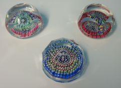 Three Whitefriars style millefiori paperweights (one with box)