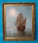 Modern marine painting oil on board `Galleon` in gilt frame, 59cm x 49cm