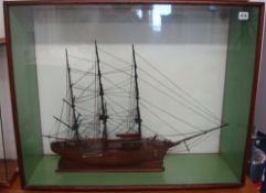 Model Ship a wood three masted ship in glazed cabinet,  66cm x 82cm