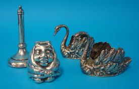 Silver ring stand, pair of silver swan table salts and a Victorian silver novelty condiment (4)