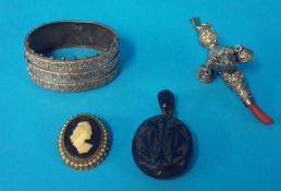 Antique silver babies rattle, silver bangle, brooch and pendant
