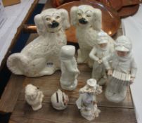Pair Staff dogs, miniature dog, three Victorian figures etc