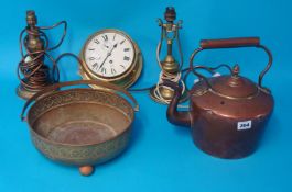 Two brass ships Gimbal lamps, ships clock with key, large copper kettle and brass bowl