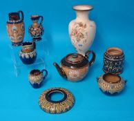 Collection of Doulton pottery, nine pieces including Lambeth jug by Emily Partington 1898, tobacco