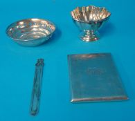 Silver pierced dish, silver small stem bowl, white metal cigarette case stamped `silver` and silver