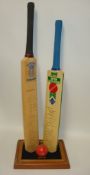 Two autograph cricket bats and cricket ball display, one signed by West Indies Tour Team 1991 the