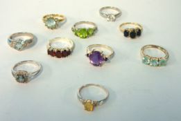 Ten various silver and stone set rings