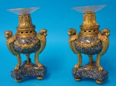 A 19th Century French marble and ormolu candlesticks, Castellets, with glass drip trays, with