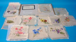 A collection of hand painted silk pictures of various wild flowers with hand written card from Ella