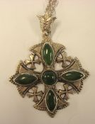 Silver modern ornate pendant set with green stones and silver chain