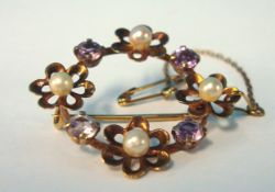 9ct gold amethyst and pearls brooch