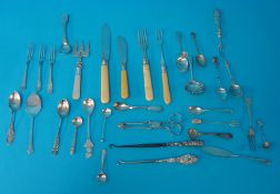 Various silver mustard and tea spoons also some cutlery, other objects etc