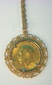 A 9ct pendant necklace set with Geo V gold sovereign 1927 (SA)