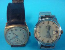 A 1930`s yellow metal wrist watch together with Bulvar wrist watch