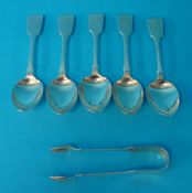 Five Victorian silver fiddle desert spoons, possibly John Liddard and a pair sugar tongs approx 9.